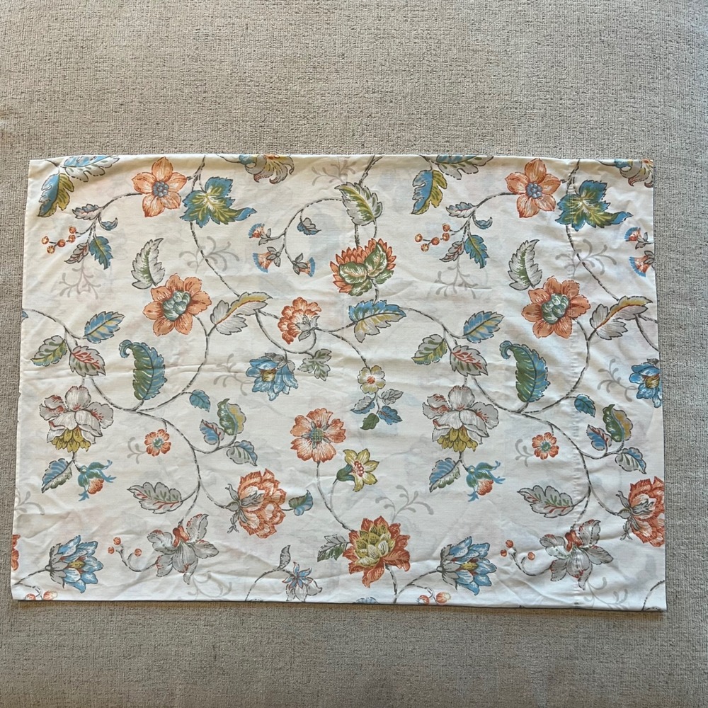 Vintage Pequot Floral Pillowcase Orange Blue Green Botanical Vine Print Standard